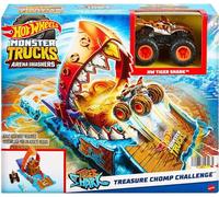 Hot Wheels Monster Trucks Arena Smashers Treasure Chomp Challenge Playset with 1:64 Scale Tiger Shark Toy Truck & Crushed Car