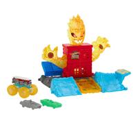 Hot Wheels Monster Trucks Toy Playset, 1:64 Scale 5-Alarm Firetruck Battles the Fire Monster for a Funny Reveal, 2 Crushed Cars, Power Smashers, HTP39