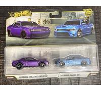 Hot Wheels Premium 2 Pack 2018 Dodge Challenger SRT Demon / 2015 Dodge Charger SRT Ride On Toy Mini Car Ages 3+ Purple/Blue JHW47
