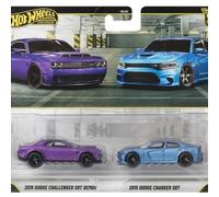 Hot Wheels Premium 2 Pack 2018 Dodge Challenger SRT Demon / 2015 Dodge Charger SRT Ride On Toy Mini Car Ages 3+ Purple/Blue JHW47