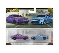 Hot Wheels Premium 2 Pack 2018 Dodge Challenger SRT Demon / 2015 Dodge Charger SRT Ride On Toy Mini Car Ages 3+ Purple/Blue JHW47
