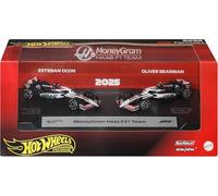 Hot Wheels Premium Formula 1 Toy Cars, 2 1:64 Scale Die-Cast MoneyGram Haas F1 Team Esteban Ocon & Oliver Bearman Racecars with Real Riders Tires, JMM97