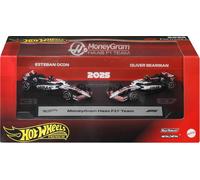 Hot Wheels Premium Formula 1 Toy Cars, 2 1:64 Scale Die-Cast MoneyGram Haas F1 Team Esteban Ocon & Oliver Bearman Racecars with Real Riders Tires, JMM97