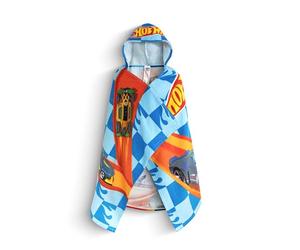 Hot Wheels Race Track Boys Blue Poncho Towel | Hooded Beachwear with Multi-Car Graphics & Checkered Pattern | Poolside Cover-Up | After-Bath Towel for Kids Merch