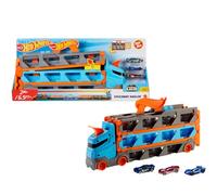 Hot Wheels Speedway Hauler & 3 1:64 Scale Toy Cars | Large-Scale Truck Stores 20+ Cars & Transforms into 6-Foot-Long Race Track, Connects to Other Sets & Tracks, HGH33