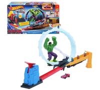 Hot Wheels Toy Car Track Set, Spider-Man & Hulk Smash Down Playset with 1 Die-Cast Superstar Speeders Vehicle, Race Through a Loop to Defeat Villains, JMR29