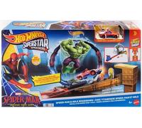Hot Wheels Toy Car Track Set, Spider-Man & Hulk Smash Down Playset with 1 Die-Cast Superstar Speeders Vehicle, Race Through a Loop to Defeat Villains, JMR29