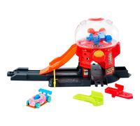 Hot Wheels Toy Car Track Set, Gumball Machine Playset with 1:64 Scale Die-Cast Donut-Shaped Vehicle & Speed Snap Track, Downtown City Candy Shop, JBM62