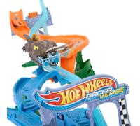 Hot Wheels Toy Car Track Set RacerVerse Jurassic World Crash & Splash Playset with Die-Cast Velociraptor Vehicle Dinosaur Race with Spinosaurus