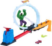Hot Wheels Toy Car Track Set, Spider-Man & Hulk Smash Down Playset with 1 Die-Cast Superstar Speeders Vehicle, Race Through a Loop to Defeat Villains, JMR29