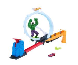 Hot Wheels Toy Car Track Set, Spider-Man & Hulk Smash Down Playset | With 1 Die-Cast Superstar Speeders Vehicle, Race Through a Loop to Defeat Villains, JMR29