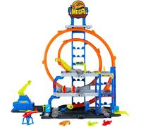 Hot Wheels Toy Car Track Set with Die-Cast Car & Helicopter, 2 Loops, Storage f