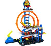 Hot Wheels Toy Car Track Set with Die-Cast Car & Helicopter 2 Loops Storage for 37 1:64 Scale Vehicles Speed Snap Adapters Mega Loop Garage