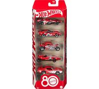 Hot Wheels Toy Cars, 5-Pack of 1:64 Scale Toy Cars with Collectible Deco & Packaging, Core Mattel 80th Anniversary Set of 5 Vehicles, JGK08