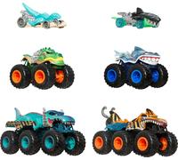 Hot Wheels Monster Trucks, Shark and Dinosaur Multipack with 2 Big Trucks, 2 Monster Trucks in 1:64 Scale and 2 Hot Wheels in Scale 1:64, JGD68