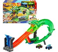 Hot Wheels Toy Monster Trucks, Sharks vs. Dinos Dragon Destruction Playset with 1:64 Scale Great Bite & Rageasaur, Race to Defeat the Cyborg Nemesis, JGB06