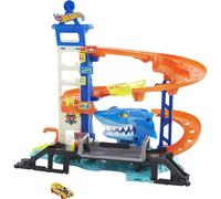 Hot Wheels City Track Set and 1:64 Scale Toy Car, Shark Escape, Multi-Level Playset