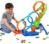 Hot Wheels Track Set with 4 Loops, 3-Way Crash Zone & Motorized Booster, Folds for Storage, With 1:64 Scale Toy Car, HXT06