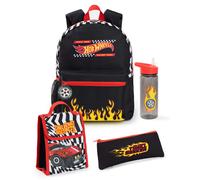 Hot Wheels Boys Backpack Set | Kids 4 Piece Black Rucksack Bundle with School Bag, Pencil Case, Lunch Bag & Water Bottle | Fire Finish Line Graphic Complete Matching Set | Back to School Gifts