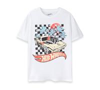 Hot Wheels Mens T-Shirt | Adults Car Sunset Short Sleeve Distressed Graphic Tee in White | Racing Flames Vintage Muscle Car Apparel Top | Rodger Dodger Speed Toy Classic Merchandise Gift for Him