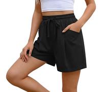 HOT1950s Black Shorts for Women UK Solid Color Elasticated Waist Short Pants Drawstring Summer Lightweight Short Pants Loose Fit Casual Straight Leg Shorts Bottoms with Pockets for Holiday Size XXL