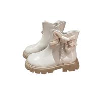 HOT1950s Girls Boots Leather Casual Children's Bow Flower Flat Shoes Crystal Pearl Buckle Zip Up Footwear Fleece Lining Solid Color Breathable Boots for Wedding School Party