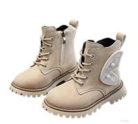 HOT1950s Girls Boots Solid Color Leather Butterfly Wing Boots Knitted Elasticated Lace-up Soft Sole Casual Ankle Shoes Non-slip Outdoor Footwear Comfortable Flat Breathable Shoes