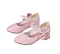 HOT1950s Girls Leather High Heels Shoes Solid Color Ankle Strap Casual Mary Jane Strap Sandals Pearl Bow Princess Style Temperament Womens Childrens Elegant Dance Shoes