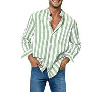 HOT1950s Green Mens Shirts Long Sleeve Plus Size Linen Shirts Collared Button Down Regular Fit Shirt Casual Striped Tunic Tops with Pocket Spring Summer Beach Shirt for Business Office Size 3XL