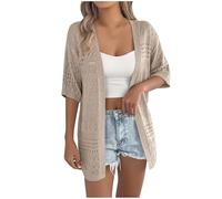 HOT1950s Khaki Womens Cardigans 1/2 Sleeve Summer Beach Cover Up Lightweight Hollowed Out Open Front Long Cardigans Ladies Sun Protection Beachwear Knitted Cardigan Tops Coat for Holiday Size M