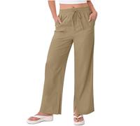 HOT1950s Khaki Womens Trousers Solid Color High Waist Elasticated Waist Yoga Trousers with Pockets Straight Wide Leg Summer Pants Full Length Sports Causal Side Slit Pants for Indoor Gymnastic Size L