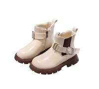 HOT1950s Kids Boots Girls Solid Color Short Leather Student Boots with Buckle Strap Hiking Outdoor Wide Fit Shoes Non-slip Sole School Princess Shoes Comfortable Flat Warm Footwear