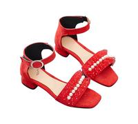 HOT1950s Kids Shoes Girls Solid Color Soft Sole Sandals with Buckle Strap Crystal Pearl Princess High Heels Leather Shoes Cosplay Dance Lightweight Summer Footwear for Wedding Party