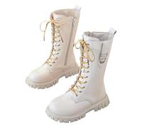 HOT1950s Knee High Boots Zipper with Elastic Pull On Low Flat Heel Wide Calf Leather Shoes with Buckle Strap Non-Slip Lace-up Shoes Solid Color Soft Bottom Boots