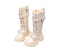 HOT1950s Knee High Boots Zipper with Elastic Pull On Low Flat Heel Wide Calf Shoes with Buckle Strap Non-Slip Lace-up Bow Flower Shoes Solid Color Leather Soft Bottom Boots