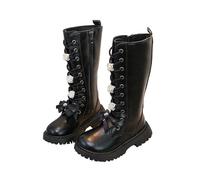 HOT1950s Knee High Boots Zipper with Elastic Pull On Low Flat Heel Wide Calf Shoes with Buckle Strap Non-Slip Lace-up Bow Flower Shoes Solid Color Leather Soft Bottom Boots