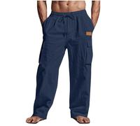 HOT1950s Mens Cargo Trousers Solid Color Drawstring Elasticated Waist Long Trouser with Pockets Wide Straight Leg Bottoms Full Length Soft Cotton Pants Casual Camping Hiking Work Bottoms