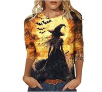 HOT1950s Multicolor Halloween Costumes 3/4 Sleeve Lightweight Ladies Shirts Funny Oversized Pullover Tops Cute Crew Neck Graphic Shirts Autumn Fall Blouses for Halloween Party Size L