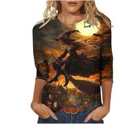 HOT1950s Multicolor Halloween Costumes 3/4 Sleeve Lightweight Ladies Shirts Funny Oversized Pullover Tops Cute Crew Neck Graphic Shirts Autumn Fall Blouses for Halloween Party Size XL