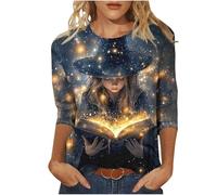 HOT1950s Multicolor Halloween Tops 3/4 Sleeve Lightweight Ladies Shirts Funny Oversized Pullover Tops Cute Crew Neck Graphic Shirts Autumn Fall Blouses for Halloween Party Size XL