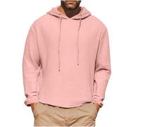 HOT1950s Pink Linen Shirts Men Long Sleeve Lightweight Sweatshirts Soft Cotton Solid Color Hooded Shirt Drawstring Casual Beach Pullover Tops Loose Fit Comfort Shirt for Fall Spring Size XXL