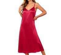 HOT1950s Red Ladies Nighties Sleeveless Spaghetti Strap V Neck Silk Satin Summer Nightwear Sleepwear Plus Size Soft Elegant Solid Plain Long Night Dress Negligees Pyjamas Nightgown Size 3XL