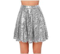HOT1950s Silver Sequin Skirt for Women Sexy Shiny Sequin Skirt Casual Elastic Mini A-line Skirt Mini Bodycon Skirt Stretchy Wrapped Glitter Dress Summer Dance Street Club Party Size L