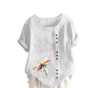 HOT1950s Summer Tops for Women UK Linen Round Neck Bow Flower Printed Trendy Blouse Short Sleeve Button T-Shirt Lightweight Fit Pullovers T Shirts Loose Oversized Tunic Blouse