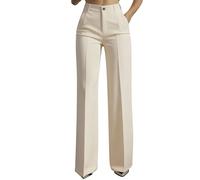 HOT1950s Womens Work Trousers Elasticated Waist Ladies Office Smart Stretch Suit Trousers Button Down Casual Straight Leg Pants High Waist Flattering Slimming Pants with Pockets Khaki