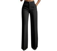 HOT1950s Womens Work Trousers Elasticated Waist Ladies Office Smart Stretch Suit Trousers Button Down Casual Straight Leg Pants High Waist Flattering Slimming Pants with Pockets Black