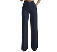 HOT1950s Womens Work Trousers Elasticated Waist Ladies Office Smart Stretch Suit Trousers Button Down Casual Straight Leg Pants High Waist Flattering Slimming Pants with Pockets Navy