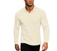HOT1950s Yellow Mens Polo Shirts Long Sleeve Oversized Golf Polo Shirts Button Placket Tennis Poloshirt Business Casual Men's Tennis T Shirt Breathable Pullover for Office Work Size XL