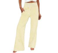 HOT1950s Yellow Womens Trousers Wide Leg Elasticated High Waist Breathable Lightweight Summer Pants with Pockets Striped Plus Size Trousers Loose Fit Casual Full Length Yoga Pants Size XXL