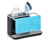 HOTACE Sink Caddy Tidy Storage Box - Kitchen Sink Organiser with Removable Drip Tray and Dishcloth Hanger, Non-slip Sponge Holder for Cleaning Brushes, Soap, Scrubber, Grey & Black